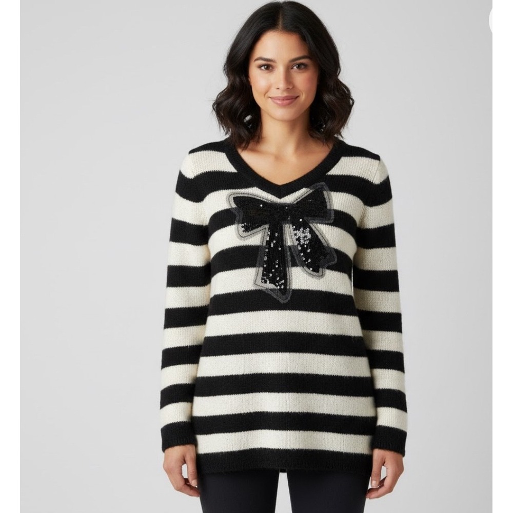 Wet Seal Women Black White Striped V Neck Sweater with Sequin Bow Size L Vtg Y2K